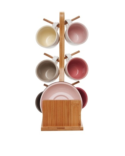 Present Time Set of 6 Espresso Cup Set with Bamboo Stand, Pink