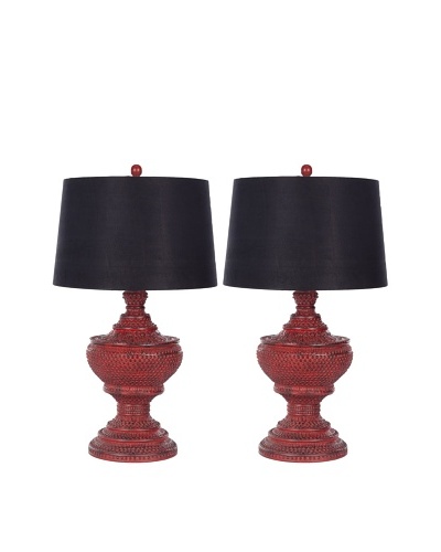 Safavieh Set of 2 Chinese Red Urn Lamps, Black Neck with Distressed Red Shade