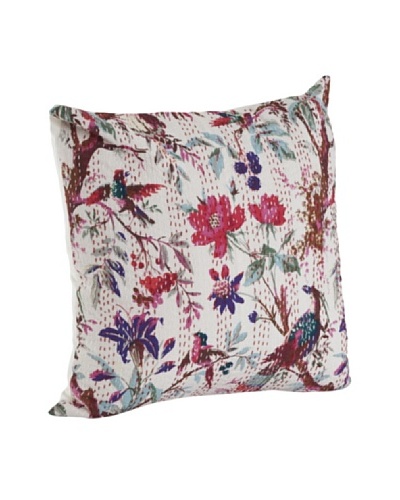 Saro Lifestyle Ivory Printed Pillow with Kantha Stitches