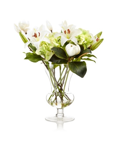 Winward Faux Floral Mix in Hurricane Vase, Green/White