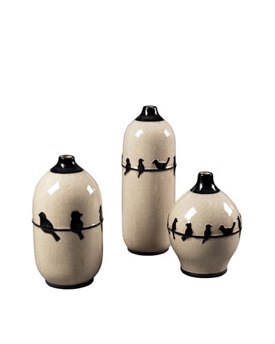 Sterling Home Set of 3″ Birds on a Wire” Ceramic Jars, Cream /Black