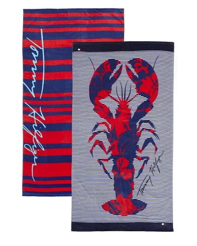 Tommy Hilfiger Set of 2 Stripe/Hibiscus Lobster Beach Towels