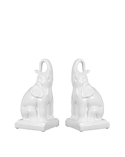 Set of Ceramic Elephant Bookends, White