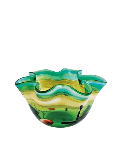 Viz Art Glass Hand Blown Ruffled Candle Holder, Green/Amber/Multi