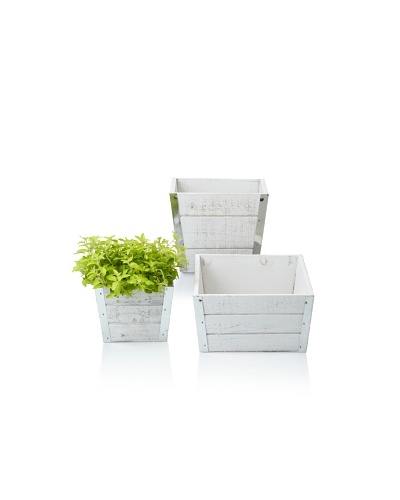 Wald Imports Set of 3 Square Wood Planters with Metal Trim, Distressed White
