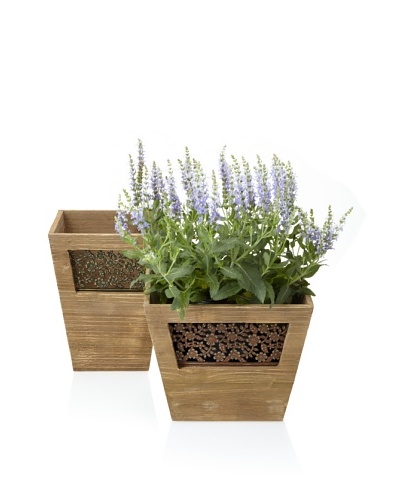Wald Imports Set of 2 Vintage-Look Wooden Planters with Floral Metal Plate, Mocha Brown