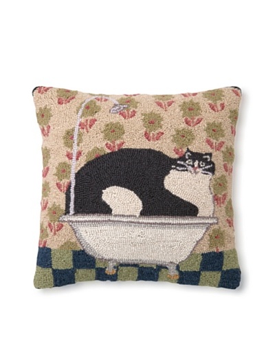 Warren Kimble Hook Pillow, Cat in a Tin Tub, 16″ x 16″