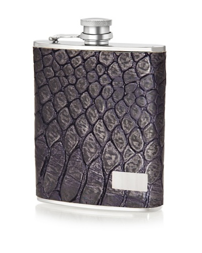 Wilouby Gift Set with 6 oz. Flask and Cigar Tube in Genuine Leather Metallic Blue Croc with Funnel