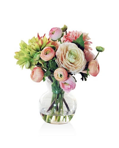 Winward Dahlia/Ranunculus In Glass, Pink/Green, 11