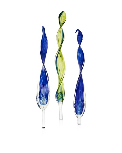 Worldly Goods Set of 3 Mouth Blown Glass Leaves, Cobalt