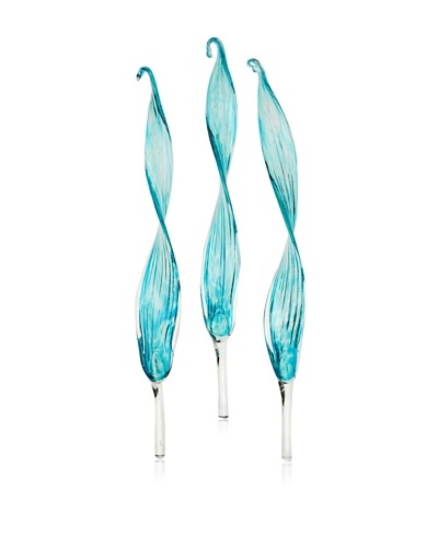 Worldly Goods Set of 3 Mouth Blown Glass Leaves, Aqua