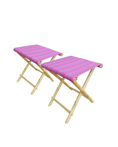 ZEW, Inc. Set of 2 Outdoor Bamboo Foldable Stools, Fuchsia Stripes