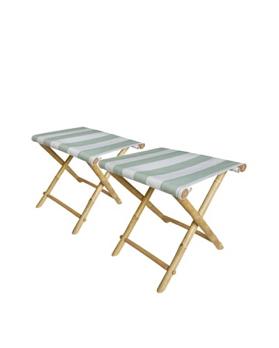 ZEW, Inc. Set of 2 Outdoor Bamboo Foldable Stools, Celadon Stripes