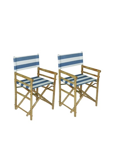 ZEW, Inc. Pair of Outdoor Bamboo Director Chairs with Interchangeable Covers, Navy & White Stripes/White